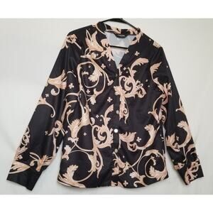 ChicMe Floral Black Pink White Button Up Long Sleeve V-Neck Blouse Size S